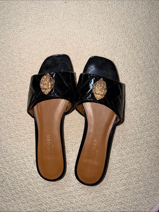 Kurt Geiger Shoes - Kurt Geiger Black Patent Quilted Slide Sandals with Gold Medallions